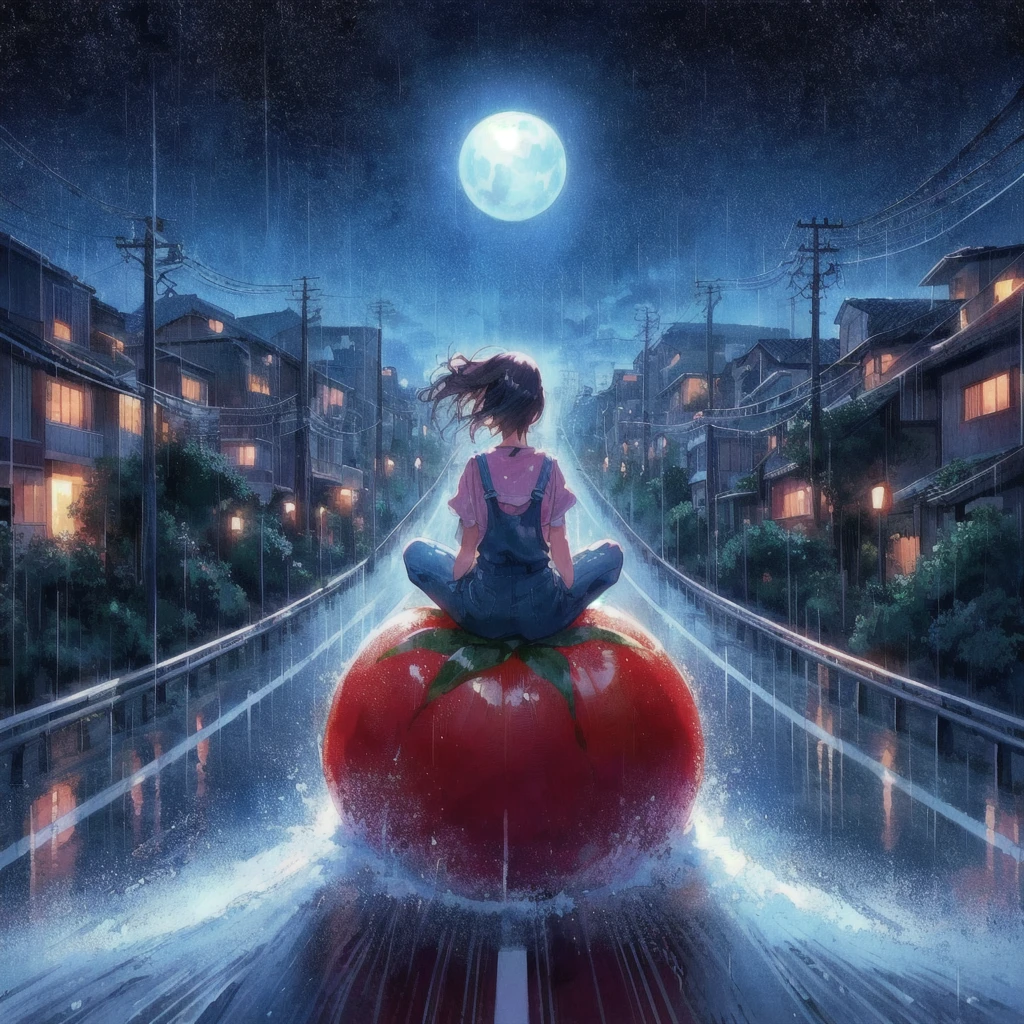 Anime girl sitting on a giant tomato in the rain, smile,Tomato Monster, シリル・ロランドとGoro Fujita, Realistic Anime 3D Style, Kuvisiato, Great food illustrations, 80s anime style,Ghibli art style, 3D spectacular illustration, Japanese manga style, Goro Fujita, Makoto Shinkai Cyril Rolland, Anime 3D Art