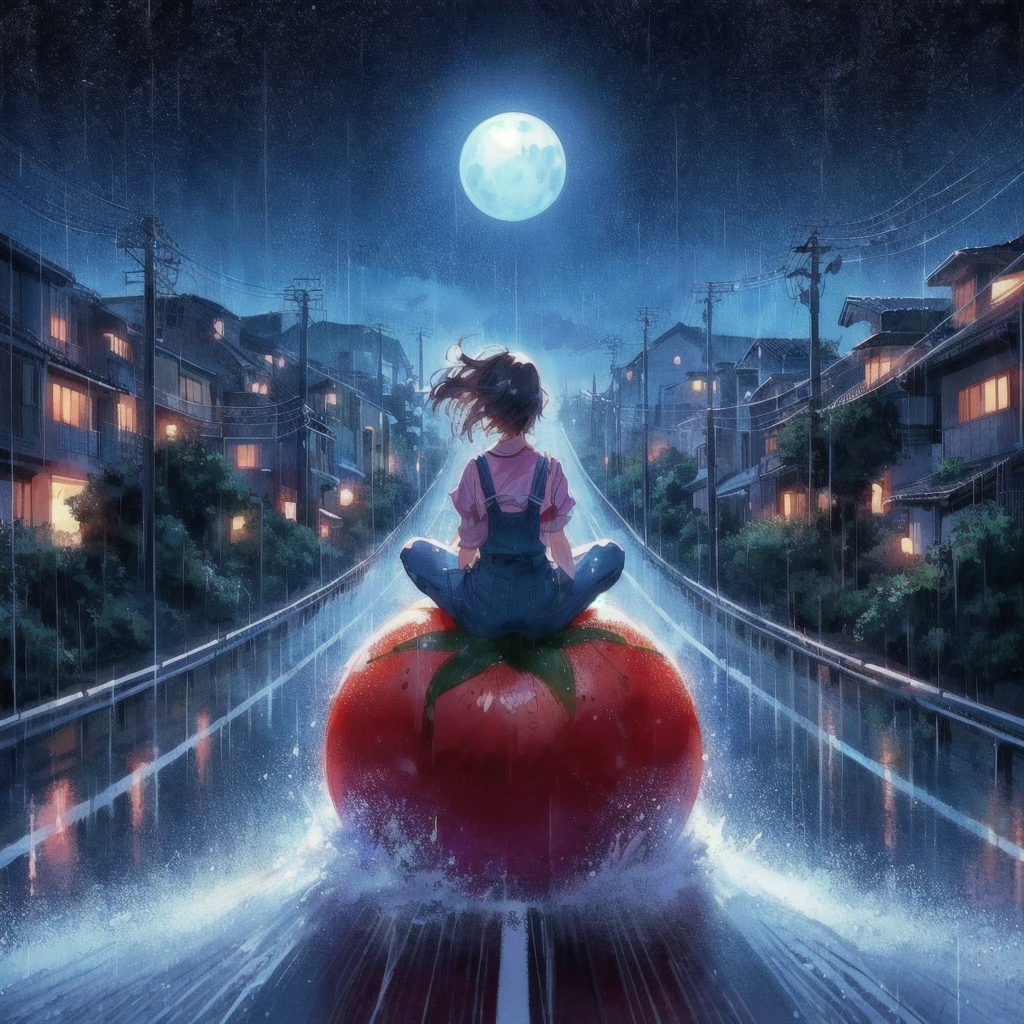 Anime girl sitting on a giant tomato in the rain, smile,Tomato Monster, シリル・ロランドとGoro Fujita, Realistic Anime 3D Style, Kuvisiato, Great food illustrations, 80s anime style,Ghibli art style, 3D spectacular illustration, Japanese manga style, Goro Fujita, Makoto Shinkai Cyril Rolland, Anime 3D Art