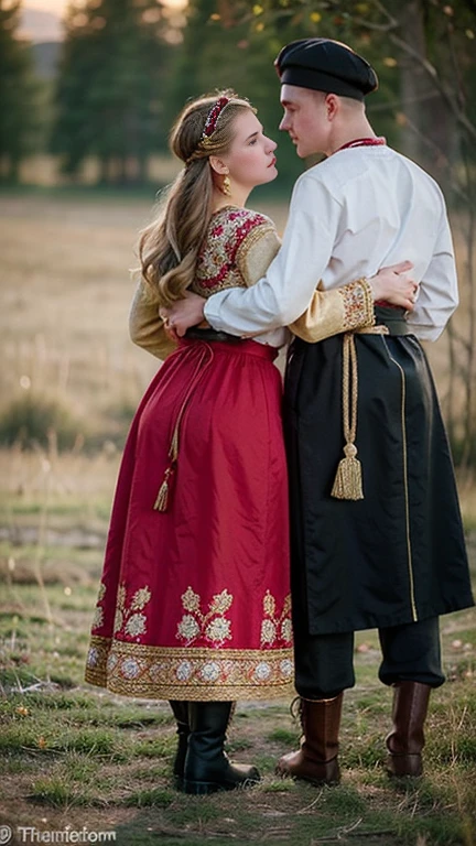 From behind view, 1941 years, June, (1 boy and 1 girl is existence), (couple is love), standing, ((couple is hug, gaze at each other, face to face)), girl is crying, (1 man is Russian man, traditional Russian costumes from the 1930s, Black and White design, Cossack hat, long boots ), (1 woman Russian traditional costumes from 1930s, boots), Russian girl is 20 years-old, (blond hair ,double braid), slime body, Russian girl, 18 age old, (Blond hair, middle hair , wince, Gray eyes, beautiful lip, serious), (gold crescent earrings, gold neckless), (big breasts, slender whist, wide hip) ,(wearing traditional ethnic clothing, including a white and red Sarafan and kokoshnik), traditional shoes, The setting is a rural village during a festival, with people engaging in traditional activities and celebrating their heritage , sunset, textured skin , HI detailed skin, (foreshortening, Canon, 8K, anatomically correct, super detail, high details, highness,