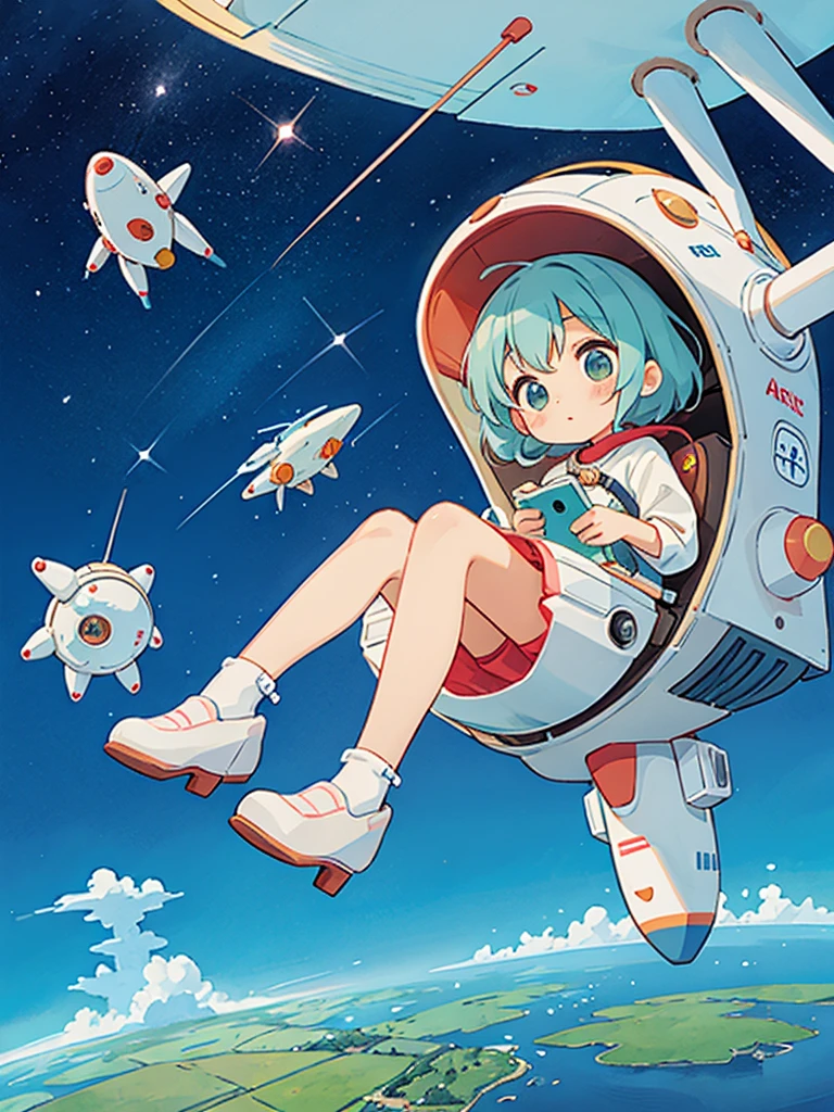 hayao miyazaki style, Kawaii Design, The most beautiful girl of all time、solo, chibi, (((Cute spaceship))) ,