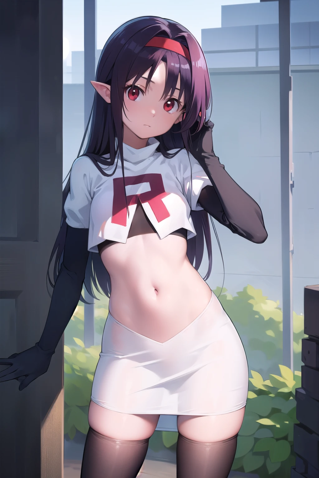 yuukikonno, yuuki konno, hairband, long hair, pointy ears, purple hair, (red eyes:1.5), (small breasts:1.2),
BREAK team rocket,team rocket uniform,white skirt,red letter R,crop top,black thigh-highs,black elbow gloves,
BREAK looking at viewer,
BREAK outdoors, forest, nature,
BREAK (masterpiece:1.2), best quality, high resolution, unity 8k wallpaper, (illustration:0.8), (beautiful detailed eyes:1.6), extremely detailed face, perfect lighting, extremely detailed CG, (perfect hands, perfect anatomy),