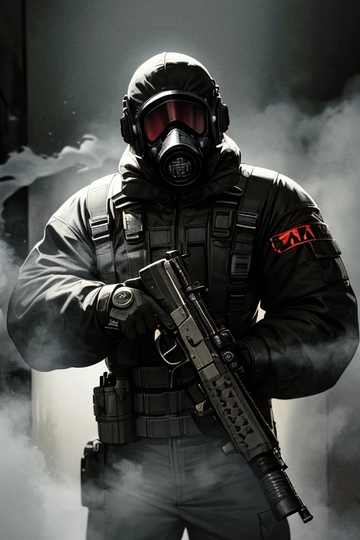a man wearing a biohazard robe, holding a gun, face covered with a gas mask, smoke in the background, detailed facial features, highly detailed, cinematic lighting, dramatic atmosphere, gritty, dark and ominous, photorealistic, 8k, award winning photograph
