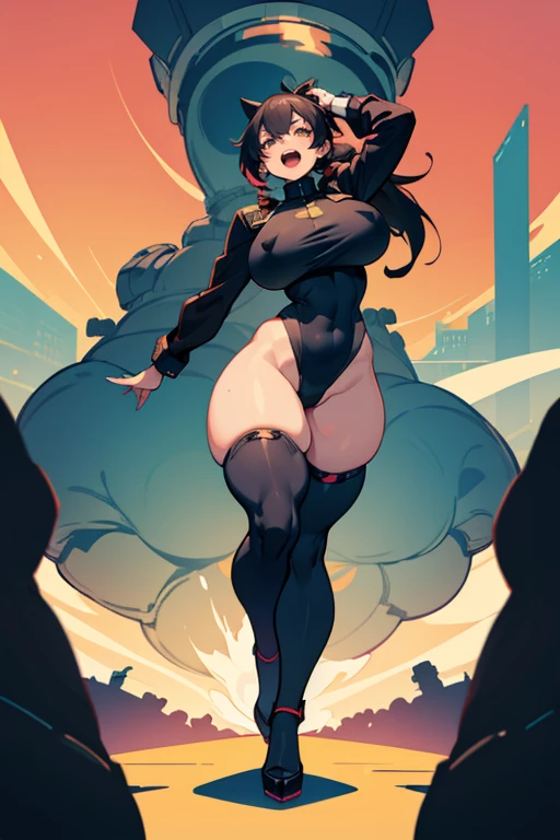 exited, smile, scream, Open mouth, young girl, Pullover, whole body to see ponytails  hair, (( very wide hips)), (((colossal Thighs, gigantic thighs, very huge thighs, very big thighs))), fullbody, platform heels, black skin, very Big breast, gun, soldier girl , full body, military , high cut leotard, cyberpunk, battle, tight stockings, body back view, butt