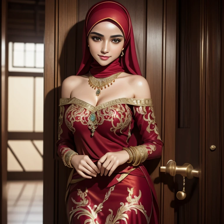 a beautiful high school aged 17 arabian girl, pale skin, sharp nose, thin lips, round face, slender hands and legs, cleavage, batik, kebaya, voluptuous breasts, off-shoulder, wearing hijab, golden bangles, bracelets, necklaces, swiss polo watch, opening door, squinting eyes, detailed alluring face, teasing smile, detailed horny expression, (best quality,4k,8k,highres,masterpiece:1.2),ultra-detailed,(realistic,photorealistic,photo-realistic:1.37),portrait,fashion photography