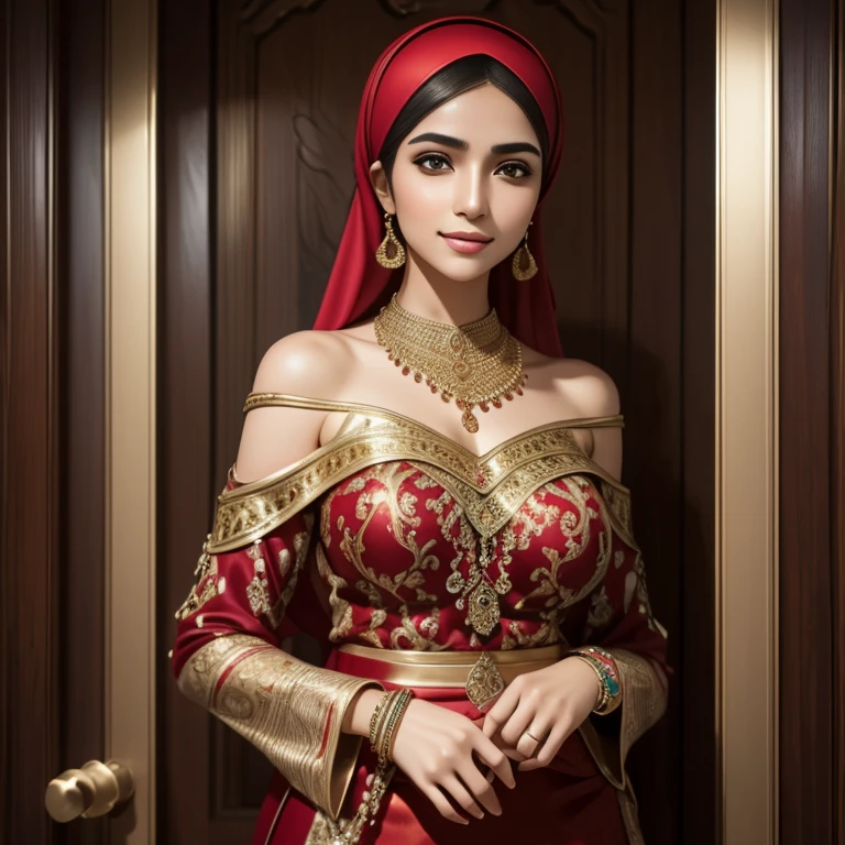 a beautiful high school  arabian girl, pale skin, sharp nose, thin lips, round face, slender hands and legs, cleavage, batik, kebaya, voluptuous breasts, off-shoulder, wearing hijab, golden bangles, bracelets, necklaces, swiss polo watch, opening door, squinting eyes, detailed alluring face, teasing smile, detailed horny expression, (best quality,4k,8k,highres,masterpiece:1.2),ultra-detailed,(realistic,photorealistic,photo-realistic:1.37),portrait,fashion photography