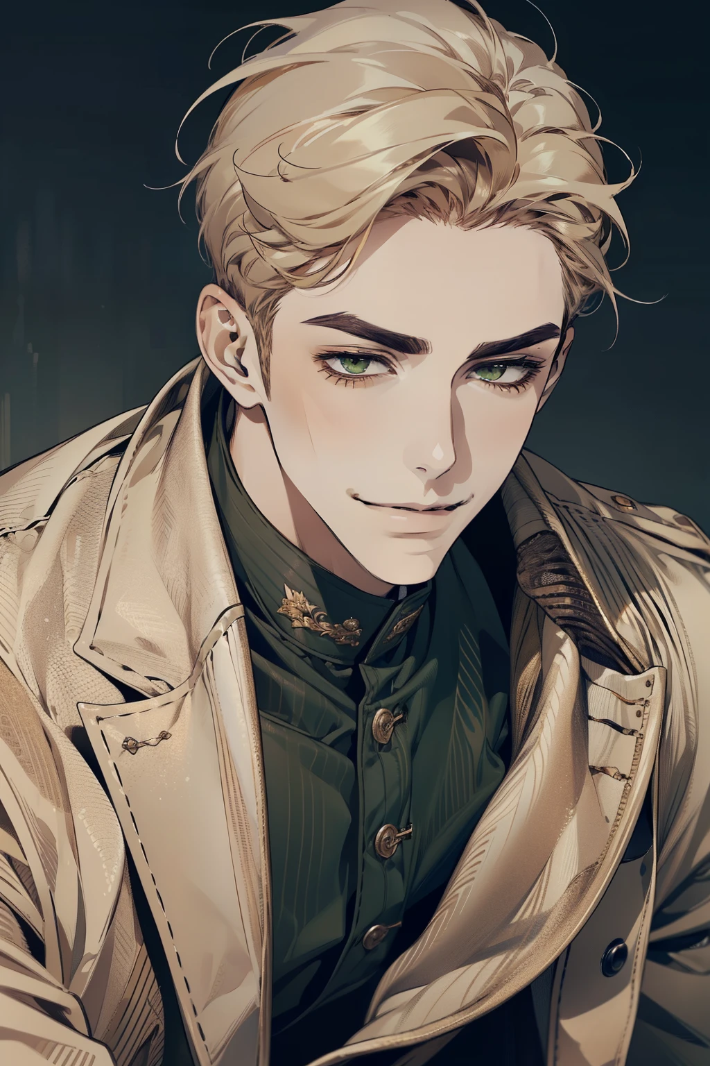 masterpiece, best quality, realistic, 1man, mature male, quiet and charming young man, 18 years old, smirk and look on the side, closed mouth, portrait, extremely detailed face, smirk, (dark green eyes), (short-side-swept sandy blonde hair)), [thick eyebrows], (detective clothing)