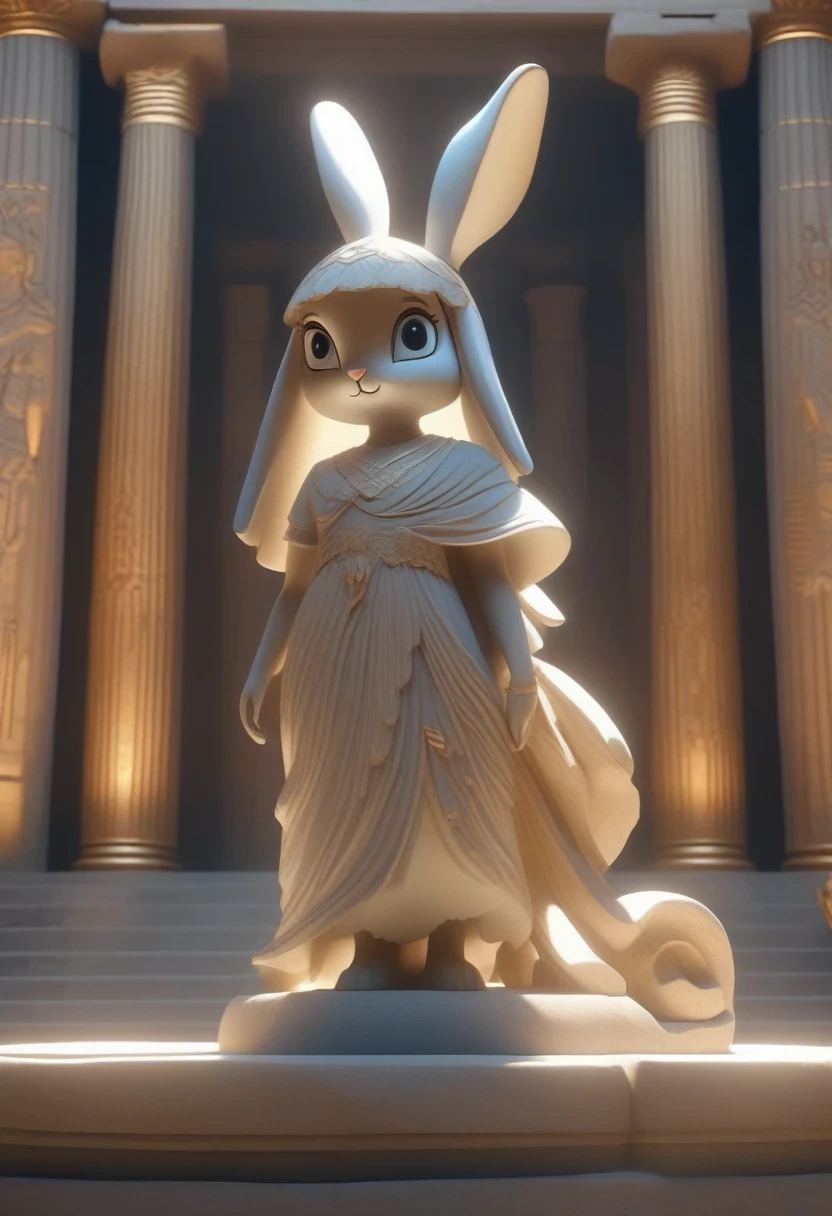 ((Masterpiece)), ((Best Quality)), (Very Detailed), ((Very Detailed)), 4K, (8K), very aesthetic, absurdres highres, 1 girl, (anthropomorphic Rabbit, furry, kemono:1.5), A silent stone statue inside an ancient Greek temple. The cold night light shines into the stone statue, creating minute shadows on its surface. The stone statue exudes a sacred and dignified atmosphere, and its eyes gaze into the distance. In the background, the elaborately carved pillars and walls of the temple can be seen, emphasizing the mystical atmosphere of antiquity. Surrounding the stone statue is a floor carved with ancient Greek patterns, creating an overall solemn and tranquil atmosphere.