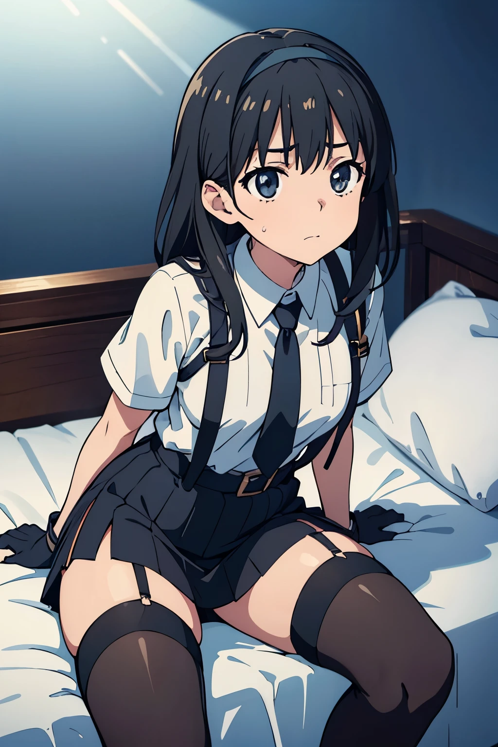 1 female, , high quality, masterpiece, Ultra-high resolution, , Cinema Lighting, , , And the suspenders with the cranes flying Moderate breasts Large Breasts Small face holster Lying in bed Looking up Sweat belt summer 脇Sweat Black Hole Gloves suit garterbelt Leg Links ズボンにbelt holster Hands behind your back Anxious expression Looking up Anxious face Knee-high Knee socks Knee-highソックス garterbelt garter ふとももにgarterbelt Checkered mini skirt Necktie Headband ribbon
