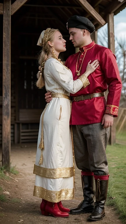 From behind view, 1941 years, June, (1 boy and 1 girl is existence), (couple is love), standing, ((couple is hug, gaze at each other, face to face)), sad, girl is crying, (1 man is Russian man, traditional Russian costumes from the 1930s, Black and White design, Cossack hat, long boots ), (1 woman Russian traditional costumes from 1930s, boots), Russian girl is 20 years-old, (blond hair ,double braid), slime body, Russian girl, 18 age old, (Blond hair, middle hair , wince, Gray eyes, beautiful lip, serious), (gold crescent earrings, gold neckless), (big breasts, slender whist, wide hip) ,(wearing traditional ethnic clothing, including a white and red Sarafan and kokoshnik), traditional shoes, The setting is a rural village during a festival, with people engaging in traditional activities and celebrating their heritage , sunset, textured skin , HI detailed skin, (foreshortening, Canon, 8K, anatomically correct, super detail, high details, highness,
