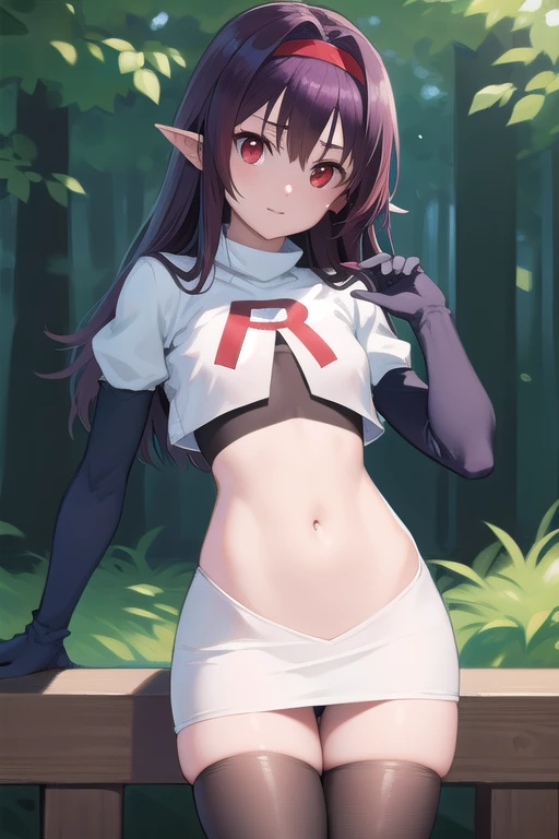 yuukikonno, yuuki konno, hairband, long hair, pointy ears, purple hair, (red eyes:1.5), (small breasts:1.2),
BREAK team rocket,team rocket uniform,white skirt,red letter R,crop top,black thigh-highs,black elbow gloves,
BREAK looking at viewer,
BREAK outdoors, forest, nature,
BREAK (masterpiece:1.2), best quality, high resolution, unity 8k wallpaper, (illustration:0.8), (beautiful detailed eyes:1.6), extremely detailed face, perfect lighting, extremely detailed CG, (perfect hands, perfect anatomy),