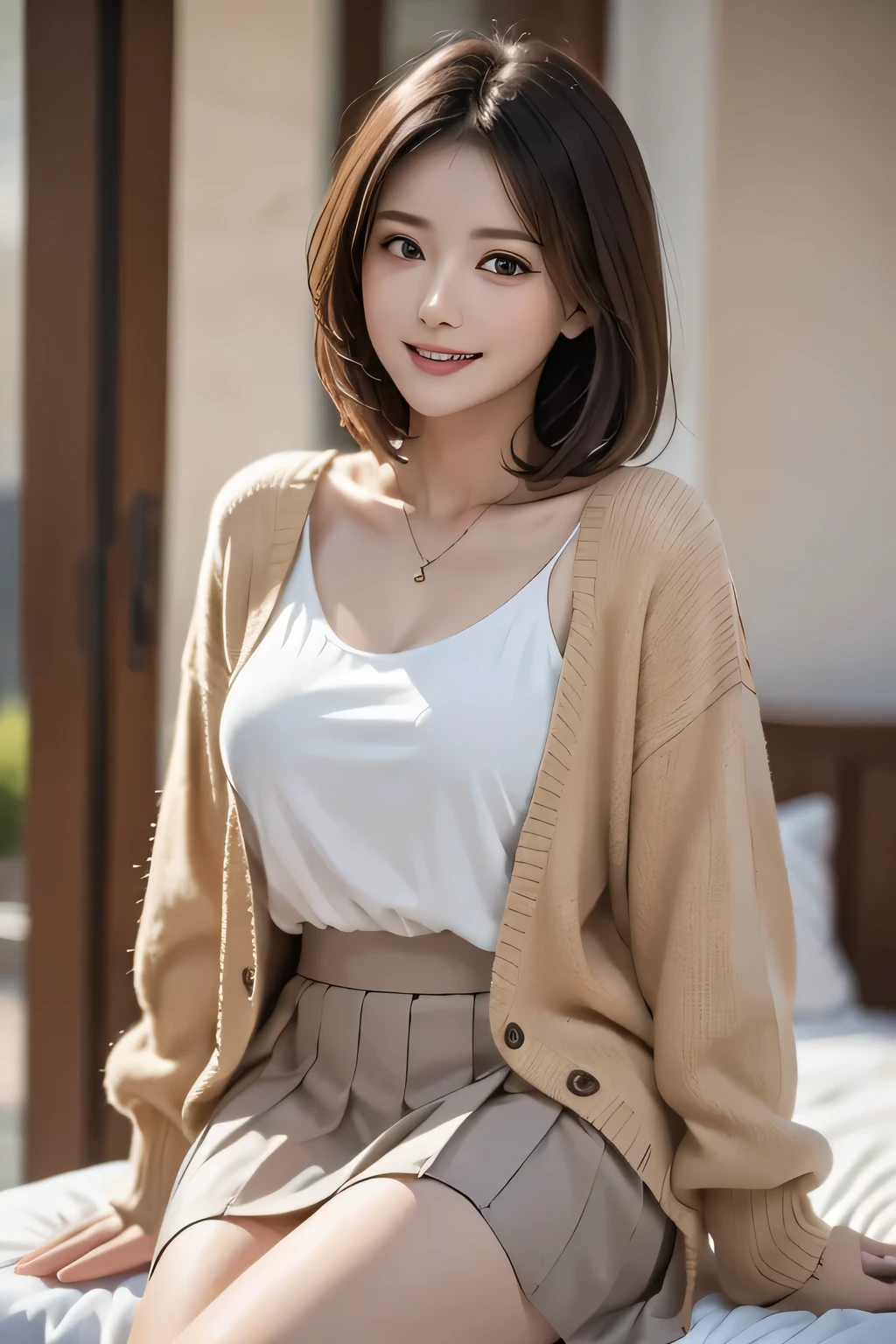 (1 Ultimate Beauty), (Beautiful face with detailed shading), whole body, 40s, (Big Breasts), Beaver, Brown eyes, (Pink Cardigan), Open cardigan, White camisole blouse, (Yellow pleated skirt), White knee-high, On the bed, (Tabletop)), ((Highest quality)), (Very detailed), ((Fascinating)), ((Very detailed)), 4K, (8k), Highest quality, (beautiful),(((World Class Quality))), Very detailed, High resolution,