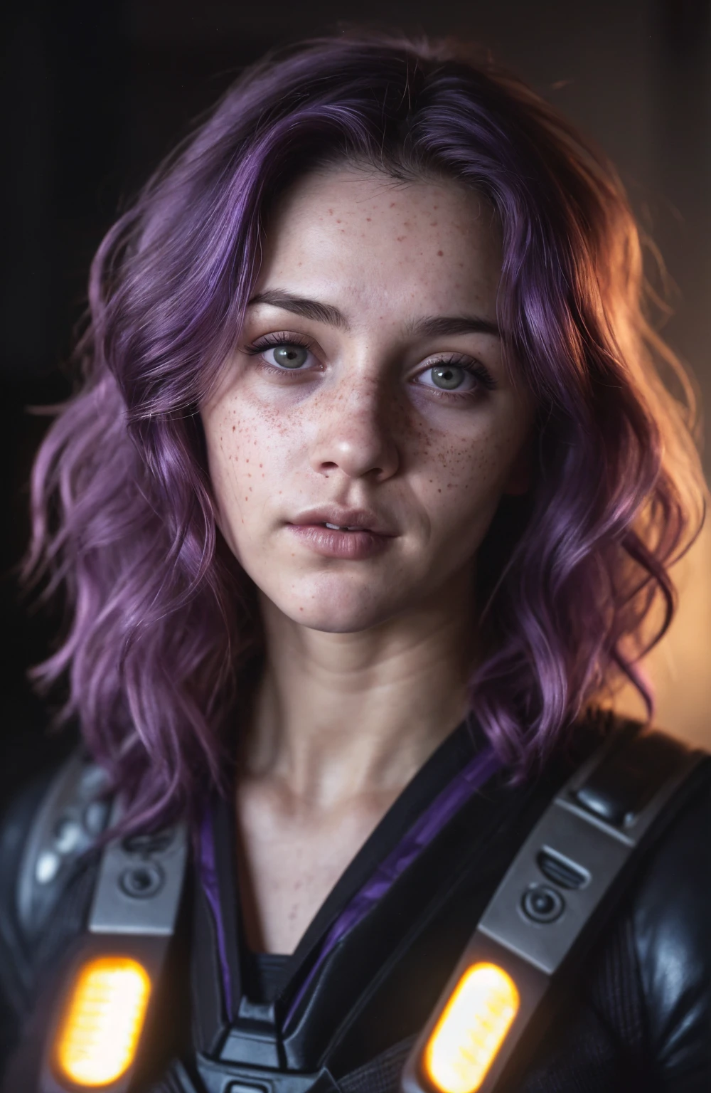 (Close-up, editorial photograph of a 21 year old woman), (highly detailed face:1.4) (smile:0.7) (background inside dark, moody, private study:1.3) POV, by lee jeffries, nikon d850, film stock photograph ,4 kodak portra 400 ,camera f1.6 lens ,rich colors, hyper realistic ,lifelike texture, dramatic lighting , cinestill 800, wavy hair, messy hair, short hair, Serious smirk, Purple hair, Purple Eyes, freckles, White Skin, Halo Suit, Sci Fi, Cyberpunk, Futurism, Mass Effect, Astral Plane, European expressions, European woman, European skin, Athletic body, selfie
