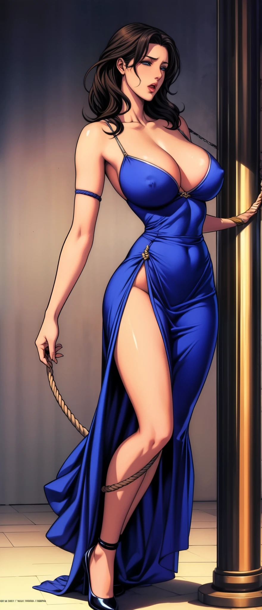 girl,alone,Gray background,Artistic lighting,Press your back against the pillar behind you,Beautiful Asian Goddess,Long black hair,Long Hair,Wavy Hair,eyelash, blue eyes, lipstick, ((Short strap dress:1.3)),(Shiny costumes),(Lifting her skirt to show off her genitals),(Rope Bondage:1.2),Standing in front of a pillar,Standing facing forward,Standing with legs apart,Tied up woman,Sensual look,(Hair blowing in the wind),Graceful features,No sleeve,Mature Woman,Detailed fingers, Perfect hands, Length 180cm,Small face,sweating,Soft thighs,Sexy legs,Sexy ass, Cleavage,Open the chest,Smooth thighs and legs,((Amazing orgasm)),大きなSexy ass, Perfect Body Proportions, Slim waist,Nipples visible,The areola is protruding,Tight waist,(Long legs:1.6),E cup bust,Thighs open,Huge :1.3,perspective:1.2,Looking at the audience,Character-centric,symmetry diagram,whole body:1.5,from the front:1.1,Abdominal shot