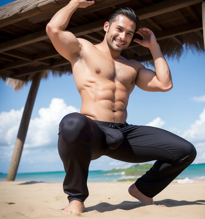 30 years old,One Man,Faces of Peru、Black bikini pants,Sandy Beach、Squat with your legs wide apart、muscle、chest hair、pubic hair、Solid system、Sweat、Gay ,Very very short slicked back hair、Stubble,Handsome、The crotch area is bulging。The crotch area is bulging、pubic hair、smile