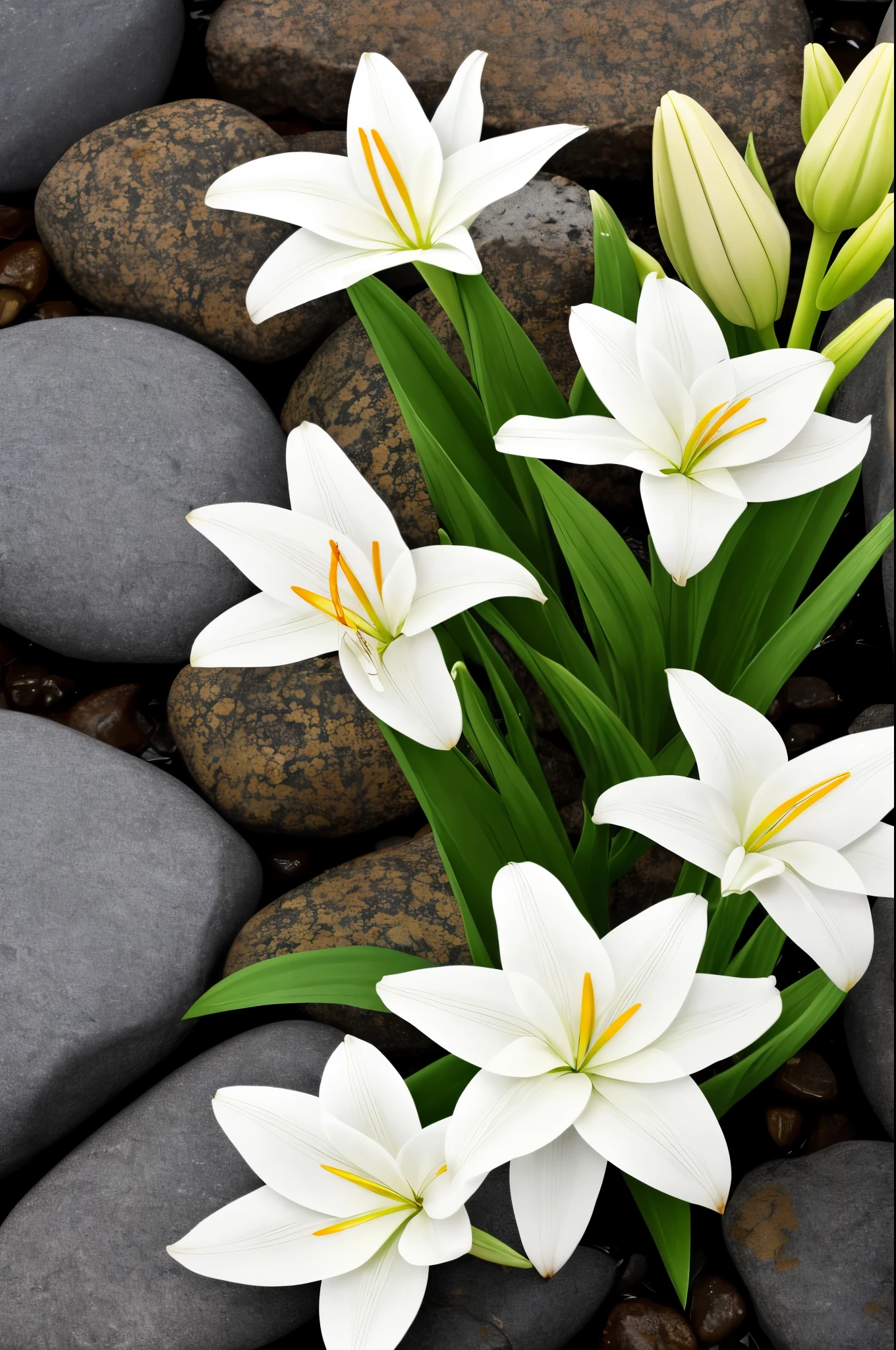 there are some white flowers in the water near some rocks, a digital rendering by Elizabeth Durack, pixabay, hurufiyya, hymenocallis coronaria, spirited water plants, lily flowers, detailed white, white flowers, white lilies, flowers with very long petals, lillies, white flower, glowing veins of white, garis edelweiss