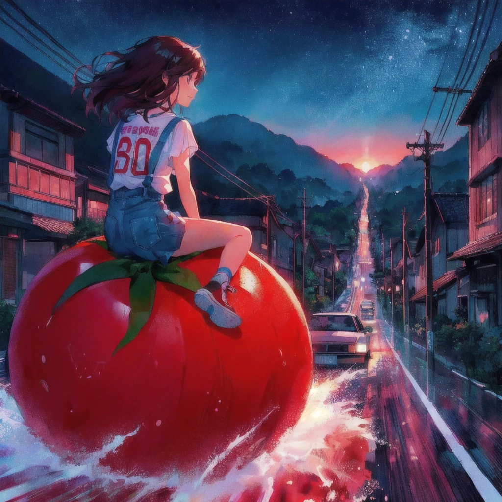 Anime girl sitting on a giant tomato in the rain, smile,Tomato Monster, シリル・ロランドとGoro Fujita, Realistic Anime 3D Style, Kuvisiato, Great food illustrations, 80s anime style,Ghibli art style, 3D spectacular illustration, Japanese manga style, Goro Fujita, Makoto Shinkai Cyril Rolland, Anime 3D Art