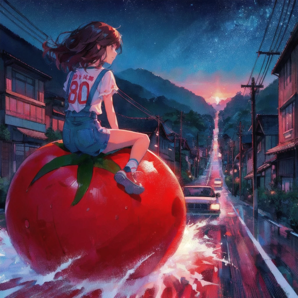 Anime girl sitting on a giant tomato in the rain, smile,Tomato Monster, シリル・ロランドとGoro Fujita, Realistic Anime 3D Style, Kuvisiato, Great food illustrations, 80s anime style,Ghibli art style, 3D spectacular illustration, Japanese manga style, Goro Fujita, Makoto Shinkai Cyril Rolland, Anime 3D Art