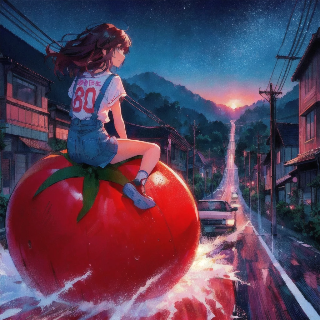 Anime girl sitting on a giant tomato in the rain, smile,Tomato Monster, シリル・ロランドとGoro Fujita, Realistic Anime 3D Style, Kuvisiato, Great food illustrations, 80s anime style,Ghibli art style, 3D spectacular illustration, Japanese manga style, Goro Fujita, Makoto Shinkai Cyril Rolland, Anime 3D Art