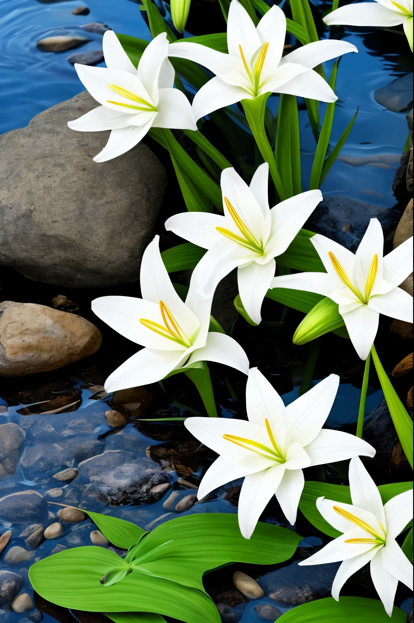 there are some white flowers in the water near some rocks, a digital rendering by Elizabeth Durack, pixabay, hurufiyya, hymenocallis coronaria, spirited water plants, lily flowers, detailed white, white flowers, white lilies, flowers with very long petals, lillies, white flower, glowing veins of white, garis edelweiss