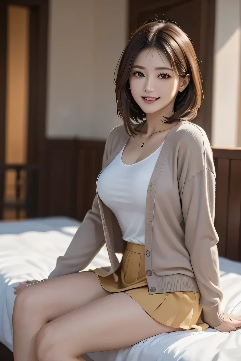 (1 Ultimate Beauty), (Beautiful face with detailed shading), whole body, 40s, (Big Breasts), Beaver, Brown eyes, (Pink Cardigan), Open cardigan, White camisole blouse, (Yellow pleated skirt), White knee-high, On the bed, (Tabletop)), ((Highest quality)), (Very detailed), ((Fascinating)), ((Very detailed)), 4K, (8k), Highest quality, (beautiful),(((World Class Quality))), Very detailed, High resolution,