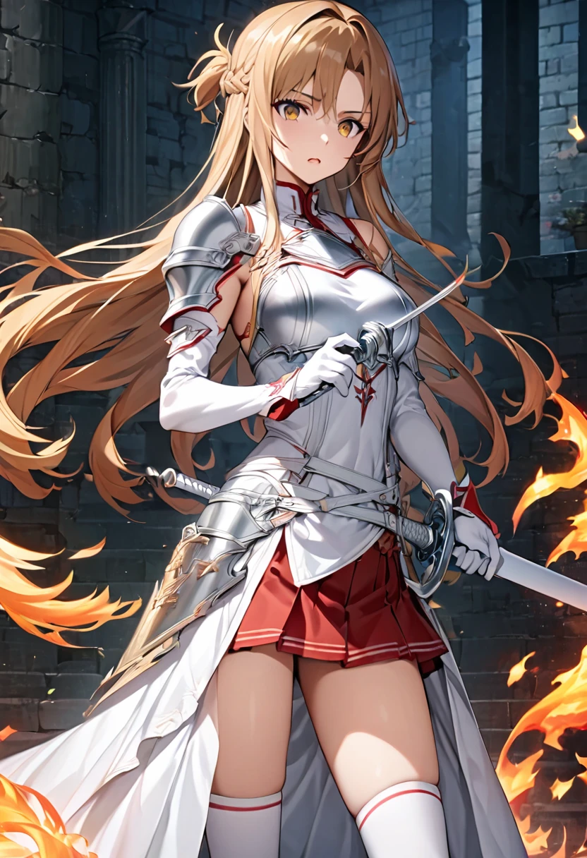 masterpiece, 1 girl of the highest quality, arms, sword, alone, length_hair, chest当て, Holding, Holding_arms, Holding_sword, armor, brown_hair, Braiding, Knee socks, just_shoulder, brown_eye, dress, Rapier, independent_sleeve, sheath, white_dress, white_Knee socks, red_skirt, Broke up_lips, 前hair, Shine, fire, chest, Shine_arms, unsheathed, Fantasy, skirt, length_sleeve, gloves, energy, Shine_sword, magic, cowboy_shot, white_gloves, white_sleeve, very_length_hair, Are standing, Holding_sheath, unsheathing