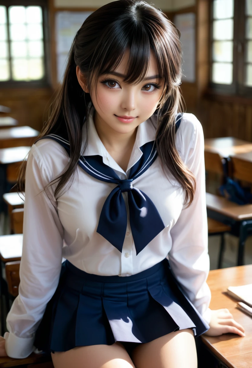 ((homura akemi:1.3)) ((School uniforms:1.4)) ((panty shot:1.5)) ((high school)),((dark blue skirt:1.3)) ((in the classroom:1.3)) ((delgado_fabric:1.4)) ((pose sexy al azar:1.3)) ((sweaty:1.5))((the face is blushing:1.4)) ((big breasts:1.4)) ((close up:1.2)) Best Quality,masterpiece,ultra high resolution,(photorealistic:1.4),raw photo,(Genuine leather texture:1.3),(film grain:1.3),panorama,character portrait,very wide shot,narrow waist,cowboy shot,(In the dark, deep shadow, low key, cold light,) evening,(()),tears running,,dust,Tyndall effect,(expression),1 girl,beautiful detailed eyes and face,white jabot,brown eyes,((By the chestnut:1.2)) ((Whole body:1.3)) ((smile:1.3))