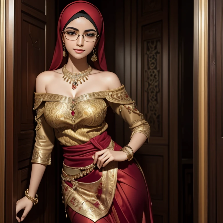 a beautiful 17 year old arabian girl with glasses, pale skin, sharp nose, thin lips, round face, slender hands and legs, cleavage, wearing batik kebaya with off-shoulder, voluptuous breasts, hijab, golden bangles, bracelets, necklaces, swiss polo watch, opening door, squinting eyes, detailed alluring face, teasing smile, detailed horny expression,(best quality,4k,8k,highres,masterpiece:1.2),ultra-detailed,(realistic,photorealistic,photo-realistic:1.37),portrait,fashion photography