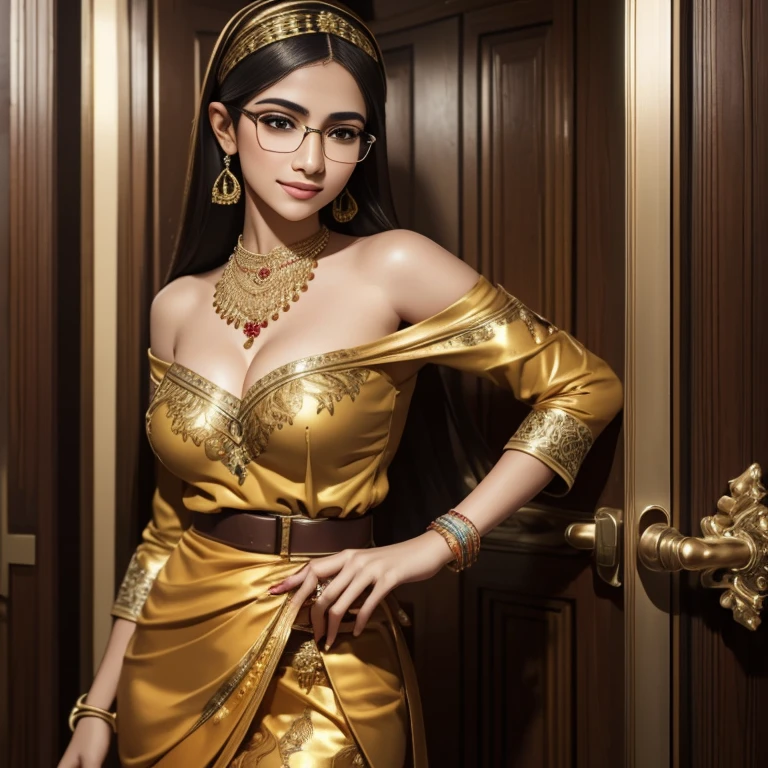 a beautiful  arabian girl with glasses, pale skin, sharp nose, thin lips, round face, slender hands and legs, cleavage, wearing batik kebaya with off-shoulder, voluptuous breasts, hijab, golden bangles, bracelets, necklaces, swiss polo watch, opening door, squinting eyes, detailed alluring face, teasing smile, detailed horny expression,(best quality,4k,8k,highres,masterpiece:1.2),ultra-detailed,(realistic,photorealistic,photo-realistic:1.37),portrait,fashion photography