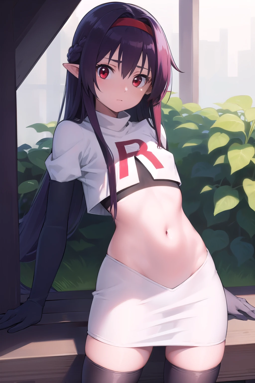 yuukikonno, yuuki konno, hairband, long hair, pointy ears, purple hair, (red eyes:1.5), (small breasts:1.2),
BREAK team rocket,team rocket uniform,white skirt,red letter R,crop top,black thigh-highs,black elbow gloves,
BREAK looking at viewer,
BREAK outdoors, forest, nature,
BREAK (masterpiece:1.2), best quality, high resolution, unity 8k wallpaper, (illustration:0.8), (beautiful detailed eyes:1.6), extremely detailed face, perfect lighting, extremely detailed CG, (perfect hands, perfect anatomy),