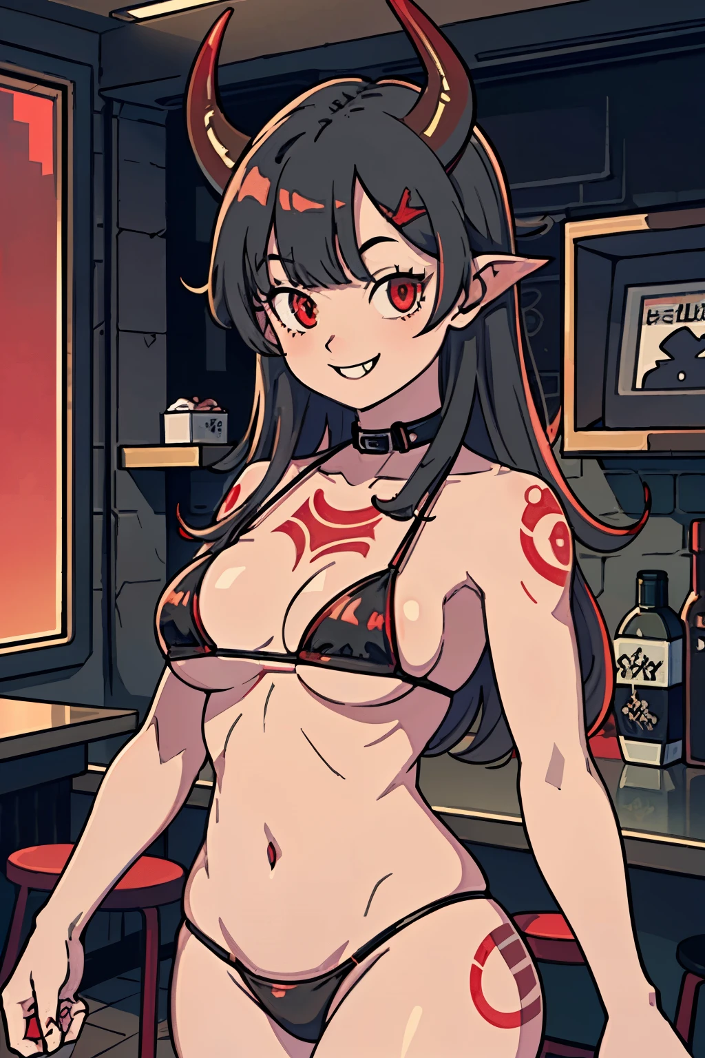 best quality, masterpiece, 1 girl, devil girl, smiling, chubby, (red colored skin:1.2), (bright red eyes:1.3), (black devil horns:1.4), long hair with bangs, tattooed body, black and red bikini, standing in cyberpunk cafe, (medium breast, under boobs:1.2)