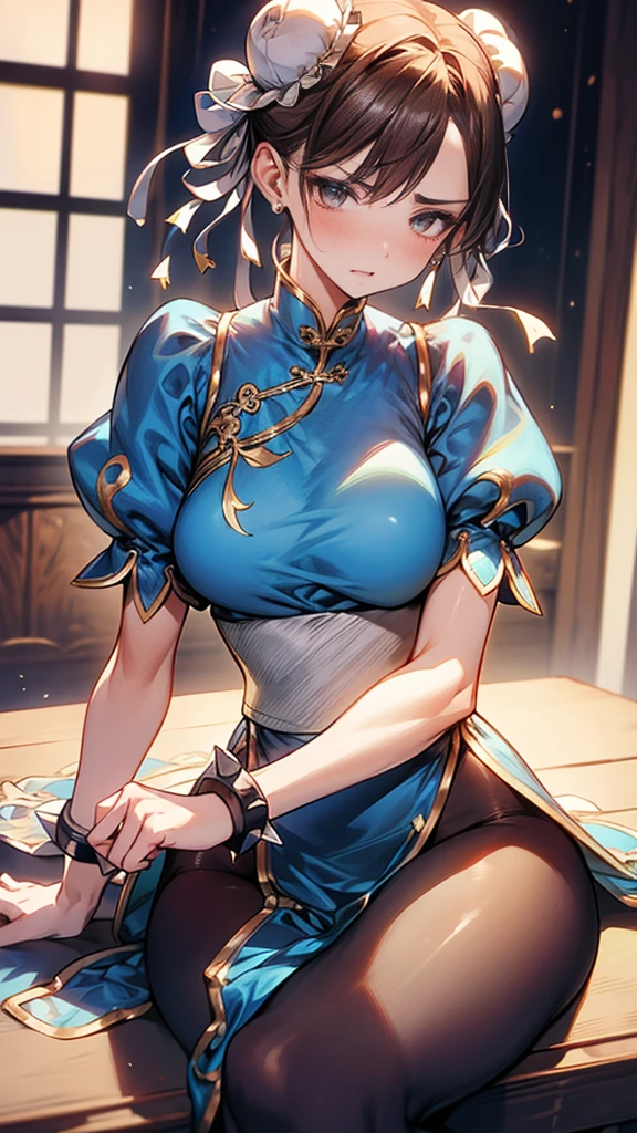 {masterpiece}}, {{{Highest quality}}},{{Very detailed}},sf2 to,Chunli,Sitting in a chair in an office with a serious expression,profile,from side,Cowboy Shot,Focus on legs{{{Sitting in a chair in an office with a serious expression成熟した女性}}},{{疲労でSweatをかいている成人女性}},Sweat,Hold the arm with one hand ,sit,{{Blushing}},{{V-shaped eyebrows}},{{Blue clothes}}{{Blue clothes}},{{puffy short sleeve}},Brown leggings,Brown tights{{{Blue Chinese dress with gold lines}},{Bunhead}},{{ Brown pantyhose}},{椅子にsit}},{},, ,{{spike bracelet}},{{Tied Hair}},,{{Thin legs}},{{White belt}},,Slender body}}{{ blue pelvis curtain}}, White boots, sash,, ,,blush,Wrinkles ,amount,Grit your teeth,suffering,v-shaped eyebrows.,Sweat dripping,Small breasts ,get annoyed,,Inside the office,Bun Head