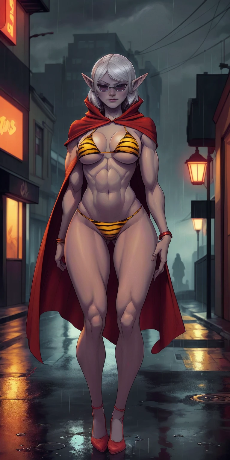 Drow Elf in Urban Setting: A female Drow Elf with a strong, athletic body wearing a yellow tiger bikini and red cape and sunglasses, standing in a rainy street. The image should have a cinematic, atmospheric feel with high-quality details.