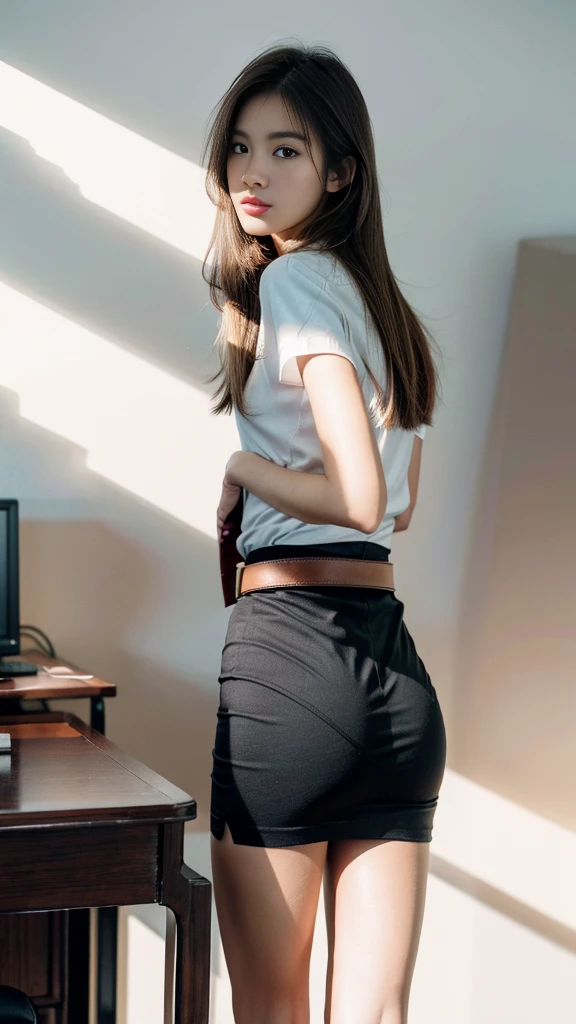 Alafe woman in pink panties sits at desk with laptop, sits at desk, sits on desk, sits behind desk, slightly bent, (SFW) safe at work, in front of computer, posture bent, in office, sitting at desk, wearing principal's uniform, posture bent, very thick hips