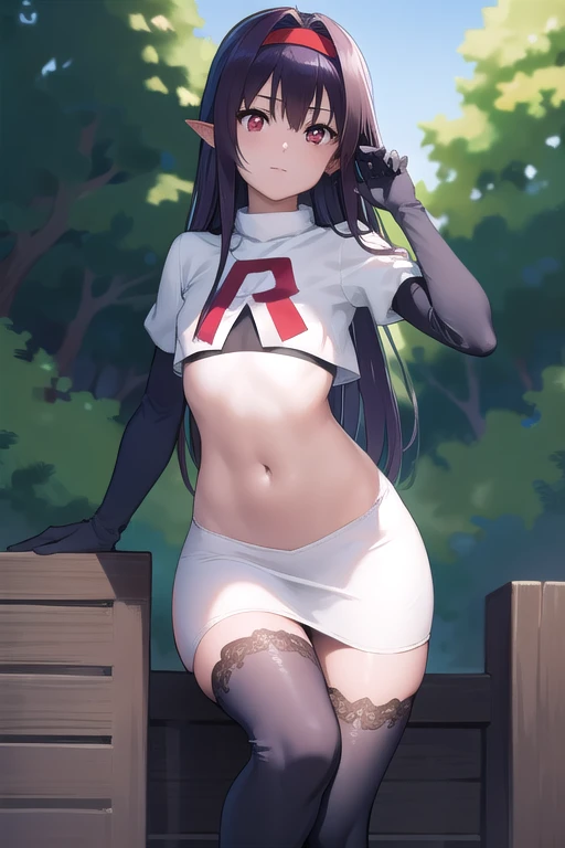 yuukikonno, yuuki konno, hairband, long hair, pointy ears, purple hair, (red eyes:1.5), (small breasts:1.2),
BREAK team rocket,team rocket uniform,white skirt,red letter R,crop top,black thigh-highs,black elbow gloves,
BREAK looking at viewer,
BREAK outdoors, forest, nature,
BREAK (masterpiece:1.2), best quality, high resolution, unity 8k wallpaper, (illustration:0.8), (beautiful detailed eyes:1.6), extremely detailed face, perfect lighting, extremely detailed CG, (perfect hands, perfect anatomy),