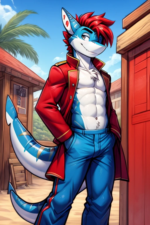 A cartoon picture of a male Furry Shark with red hair and a long tail in a red coat army costume and blue pants named James, navel