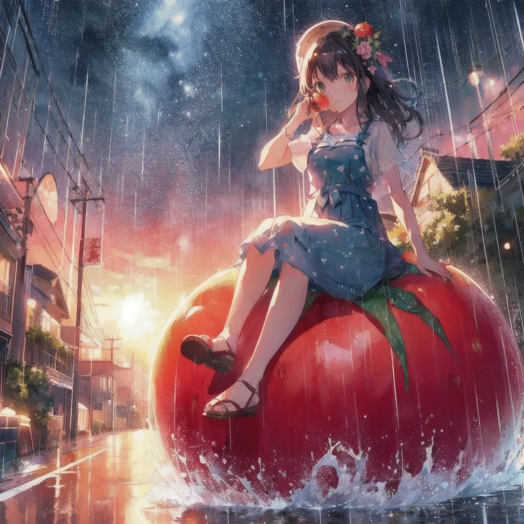 Anime girl sitting on a giant tomato in the rain, smile,Tomato Monster, シリル・ロランドとGoro Fujita, Realistic Anime 3D Style, Kuvisiato, Great food illustrations, 80s anime style,Ghibli art style, 3D spectacular illustration, Japanese manga style, Goro Fujita, Makoto Shinkai Cyril Rolland, Anime 3D Art