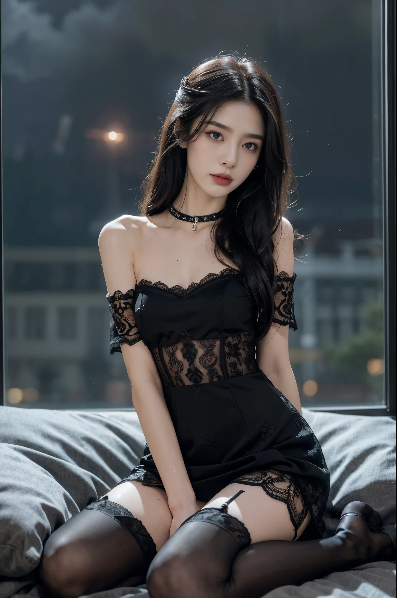 (((best quality))),(((ultra detailed))),(((masterpiece))),illustration,((a beautiful girl,solo)),(dog collar:1.2),((slim,thi)),((small breasts,flat chest)),(((sweat,wet))),(sitting:1.3),(arms behind back:1.3),(spread legs apart:1.3),in bedroom,((violent storm, glass window, shaking, rain, wind, hugging herself, clock, wall, calendar, bed)), soft covers, tenderness,(shoulder length straight hair:1.2), deep eyes, mix of emotions,(flowing black lace dress:1.3),(black stockings:1.3), billowing, face serene, hint of melancholy, dimly lit room, lightning, illumination, shadows, dancing walls, gentle smile, relief, inner turmoil, calm composed, gazing into darkness, thoughts of love, storm metaphor, chaos, solace, arms of beloved, love story, ups and downs, pain and joy, souls bound by fate, enduring, stormy weather,(night scene:1.3),((from front,full body))