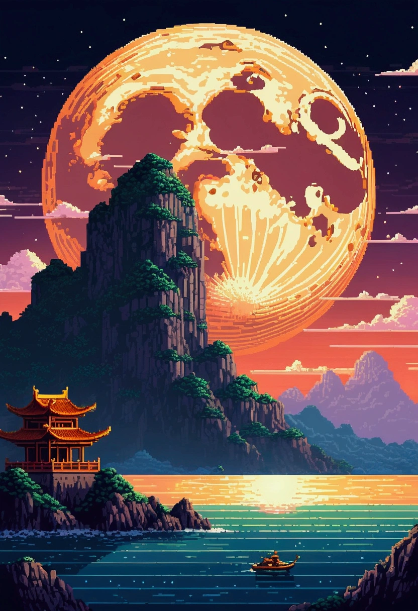 Pixel art of giant moon rising in calm sea, beautiful detailed pixel art, detailed pixel art,Chinese ancient architecture, lo-fi retro videogame, concept pixelart, detailed pixel artwork, Pixel art style, pixel city, pixel art animation, high quality pixel art, Dolphins jump out of the sea, super detailed lowpoly art in full color, #pixelart:3, # pixelart, #pixelart