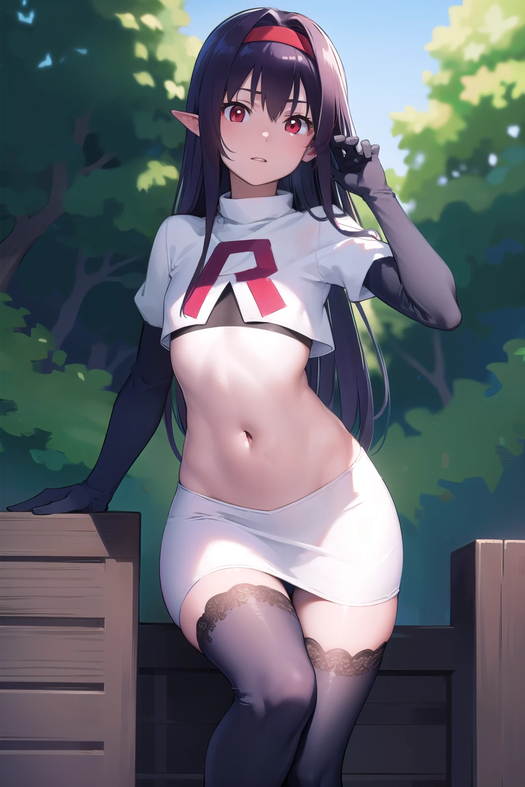 yuukikonno, yuuki konno, hairband, long hair, pointy ears, purple hair, (red eyes:1.5), (small breasts:1.2),
BREAK team rocket,team rocket uniform,white skirt,red letter R,crop top,black thigh-highs,black elbow gloves,
BREAK looking at viewer,
BREAK outdoors, forest, nature,
BREAK (masterpiece:1.2), best quality, high resolution, unity 8k wallpaper, (illustration:0.8), (beautiful detailed eyes:1.6), extremely detailed face, perfect lighting, extremely detailed CG, (perfect hands, perfect ???????),