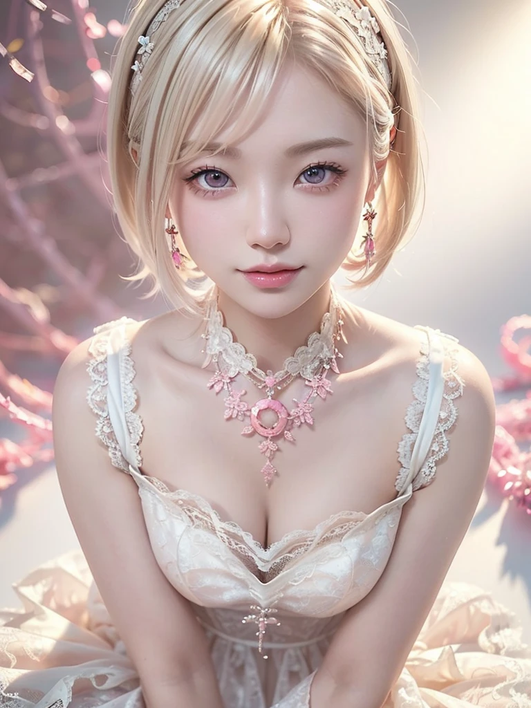 8k,Confused, High resolution, Very detailed, 1 girl, alone, Very beautiful eyes, Ultra-precise depiction, Artistic、Very detailed depiction, (Tangled:1.2), , (White high key background:1.5), (((Pink lace dress 1.5))), 、 short hair、Earrings and Necklaces、Platinum Blonde Hair, (Glowing Skin), Many colors, , (Shooting from above:1.2),、Flat Body、slim、cute、、Round face、Cast a Shadow、、Smile 1.3、Place your right hand over your mouth