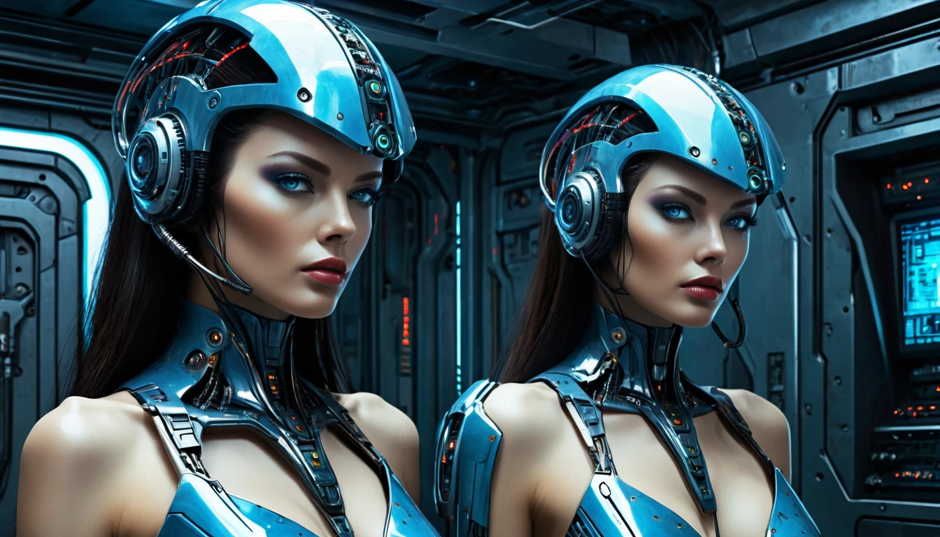 A cinematic picture of Two beautiful female cybernetic beings, a masterpiece of Don Lawrence color comic photo realistic illustration
