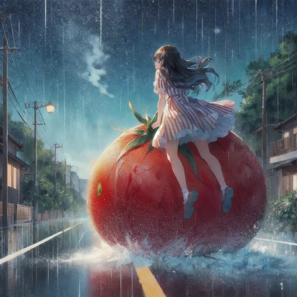 Anime girl riding on a giant tomato in the rain, smile,Tomato Monster, シリル・ロランドとGoro Fujita, Realistic Anime 3D Style, Kuvisiato, Great food illustrations, 80s anime style,Ghibli art style, 3D spectacular illustration, Japanese manga style, Goro Fujita, Makoto Shinkai Cyril Rolland, Anime 3D Art