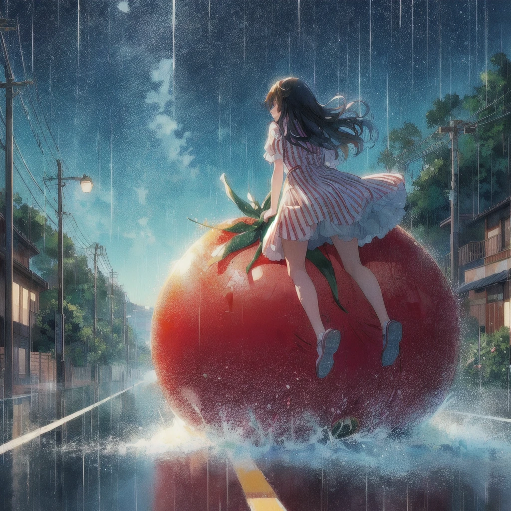 Anime girl riding on a giant tomato in the rain, smile,Tomato Monster, シリル・ロランドとGoro Fujita, Realistic Anime 3D Style, Kuvisiato, Great food illustrations, 80s anime style,Ghibli art style, 3D spectacular illustration, Japanese manga style, Goro Fujita, Makoto Shinkai Cyril Rolland, Anime 3D Art