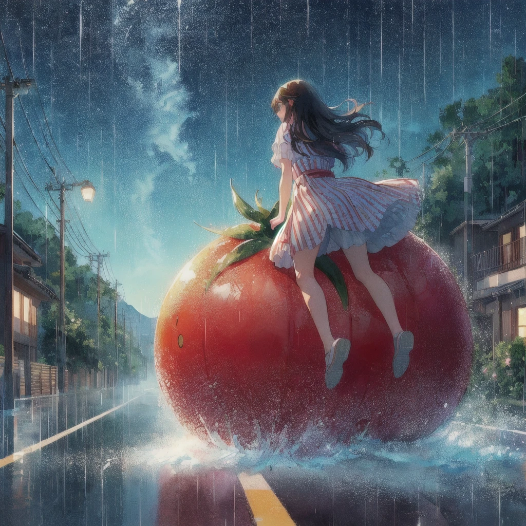 Anime girl riding on a giant tomato in the rain, smile,Tomato Monster, シリル・ロランドとGoro Fujita, Realistic Anime 3D Style, Kuvisiato, Great food illustrations, 80s anime style,Ghibli art style, 3D spectacular illustration, Japanese manga style, Goro Fujita, Makoto Shinkai Cyril Rolland, Anime 3D Art