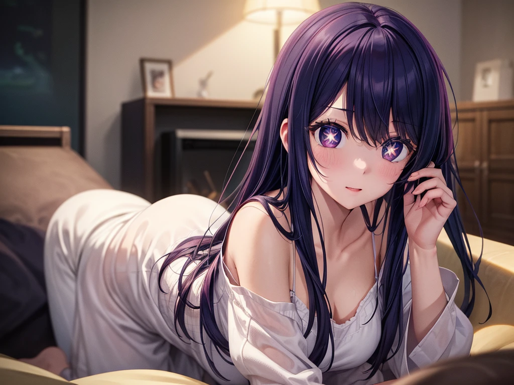 (8k, Ultra-high resolution, The best masterpiece, best quality:1.2), Very detailed, portrait, Half Body, side, focus on eyes, HD RAW photos, career arrest, High quality and beautiful, 超高清 8k 影像照片, confess, Professional photography, (actual, actual相片: 1.37), Very detailed的美麗女孩, Super delicate face shape, Contoured eyes, (Very detailed eyes), Delicate skin, (HD Skin:1.2), Neatly contoured fingers, (20:1.2), Twenty generations, cute girl, young beautiful mother, solo, Ai Hoshino, Hoshino Ai, (Wear comfortable loungewear), Vibrant look, (Layperson, Living room), Dynamic dark purple long hair, shiny purple eyes, (Star-shaped pupil:1.5), one hand raised, Sensual, warm, Exuding motherly love, perfect anatomy, Detailed background, HD Background, Volumetric lighting, actual, stunning details, 8k Ultra HD, high quality, CG unity, C4D Rendering, 3D Rendering, Octane Rendering,
