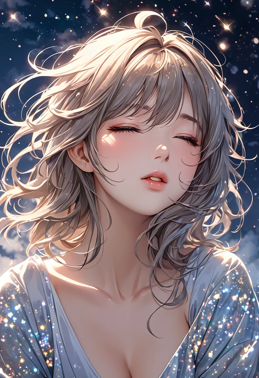 images above the bust, beautiful woman, make-up, amorous and lewd face, lift your chin, open your eyes and look up at the sky, mouth half open, sighing, messy hair, wearing loose size clothing, great proportion, (ultra detailed, absolutely resolution, best quality:1.3), 2.5D, delicate and dynamic, portrait art, foggy effects, glitter effects