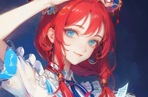 masterpiece: 1.7, top-quality、(Highly detailed CG、Ultra-detail、Best Shadow:1.1)、solo、Painterly、sketch、Paper texture、超A high resolution、extra detailed face、flat-colors、extra detailed face、extra detailed face、realisitic、limited pallete、Low contrast、alice in the wonderland、The best lighting、Beautuful Women、Red ribbon on head、young, Red and white clothes、lite smile、student clothes, red hair, navy blue eyes blanche:1.6、(zentangle、a Mandala、Tangle、Entangle:1)