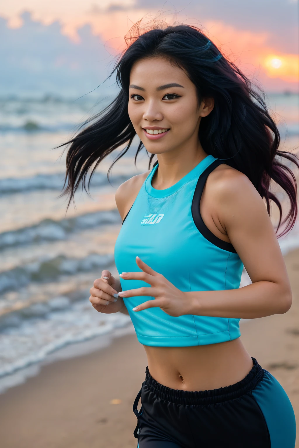 arafed woman with long black hair with blue highlights jogging on the beach, flowing  long black hair with deep blue high lights, with  black hair and blue high lights, photo of a beautiful woman, long flowing  black hair, pink golden hour, curly pink hair, beautiful young asian woman, beautiful asian woman, wild ginger hair, pink wispy hair, light pink hair, a young asian woman, an asian woman, infp young woman, full body photo of a 24-year-old french girl in RAW UHD format (Black-eyed woman) run down the beach, Details (textures! , Hair! , glistering, Color!! , imperfections: 1.1), highly detailed glossy eyes (looking at the camera), DSLR Lighting, SLR camera, Ultra-Quality, sharpness, Depth of field, Film grain (Downtown), Fujifilm XT3, Crystal clear, Frame Center, beatiful face, sharp-focus, , neon lighting, bokeh (lit), day time, (open sky), detailed skin pores, oilly skin, suntan, Complex eye details, (smiling), ((long distance)), ((full body)), ((jogging clothes)), (beautiful elegant hands:1.2) (good hands)