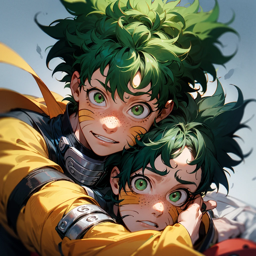 Izuku Midoriya and Naruto Uzumaki are famous singers who maintain their personalities, such as Izuku keeping his freckles and Naruto keeping his streaks on his face. 
