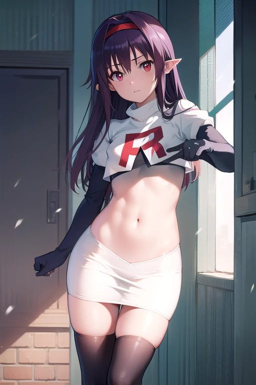 yuukikonno, yuuki konno, hairband, long hair, pointy ears, purple hair, (red eyes:1.5), (small breasts:1.2),
BREAK team rocket,team rocket uniform,white skirt,red letter R,crop top,black thigh-highs,black elbow gloves,
BREAK looking at viewer,
BREAK outdoors, forest, nature,
BREAK (masterpiece:1.2), best quality, high resolution, unity 8k wallpaper, (illustration:0.8), (beautiful detailed eyes:1.6), extremely detailed face, perfect lighting, extremely detailed CG, (perfect hands, perfect anatomy),